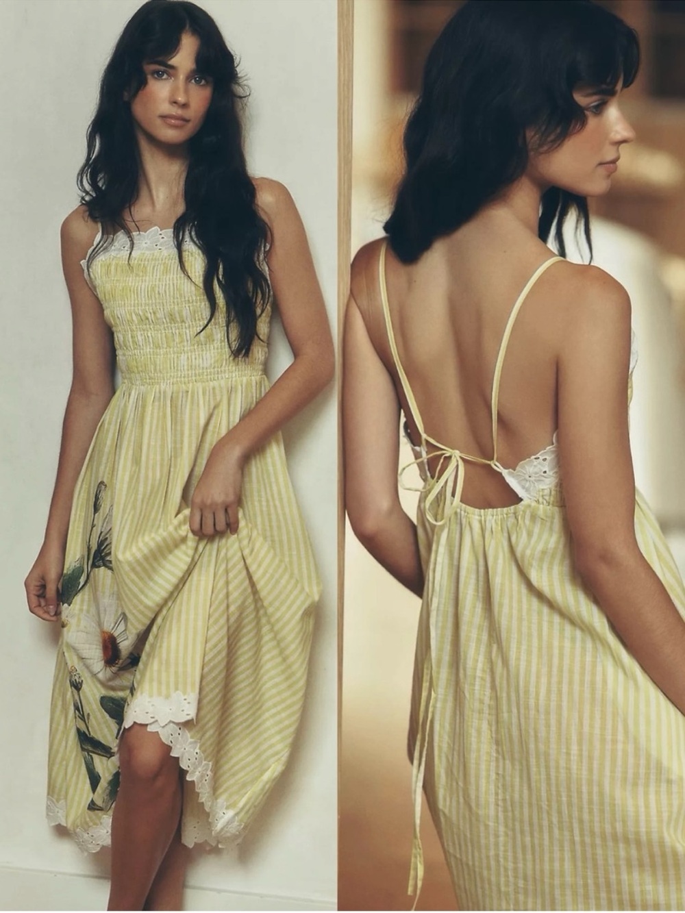 Lyrebird by Anthropologie Yellow and White Striped Midi Dress with Trim
